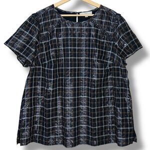 LOFT Plus Navy Brown Plaid Metallic Shimmer Ruffle Blouse Top Women's 18 Holiday